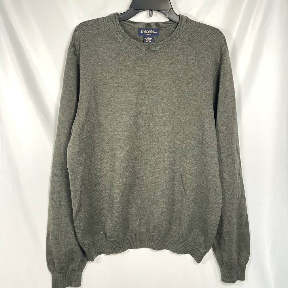 Brooks Brothers Sweater Large Stretch Dark Green Olive Merino Wool Pullover*hole